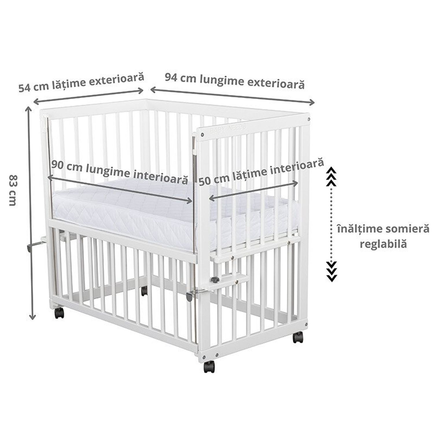 BabyNeeds - Patut evolutiv Dalia, cu roti, 90x50 cm, Alb fotografia produsului View 3 L