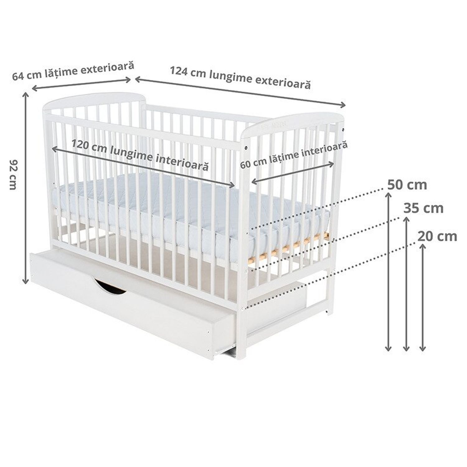 BabyNeeds - Patut din lemn Ola 120x60 cm, cu sertar, Alb fotografia produsului View 3 L