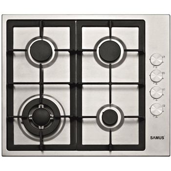 Plita incorporabila samus psg-64sx4, gaz, 4 arzatoare, arzator wok, gratare fonta, aprindere electrica, 58 cm, inox