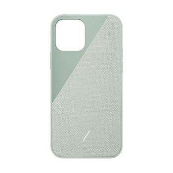 Husa telefon native union, clic canvas, iphone 12/12 pro, cu accente din tesatura premium, compatibila incarcatoare wireless, gri-verzui