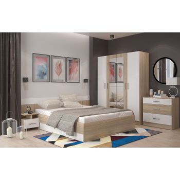 Set dormitor lesi cu dulap 4 usi, comoda, pat si noptiere, sonoma/alb