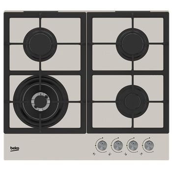 Plita incorporabila beko hilw64225sbg, gaz, 60 cm, 4 arzatoare, gratare din fonta, aprindere electronica, sticla gri