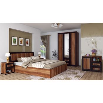 Set dormitor cezar, cu dulap 3 usi, comoda, pat si noptiere, havanna cu bagheta mdf wenge