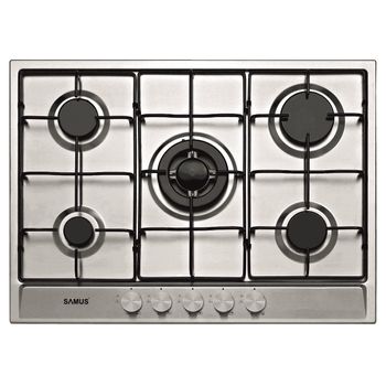 Plita incorporabila samus psg-75sx, gaz, 5 arzatoare, arzator wok, aprindere electrica, siguranta arzatoare, 68 cm, inox