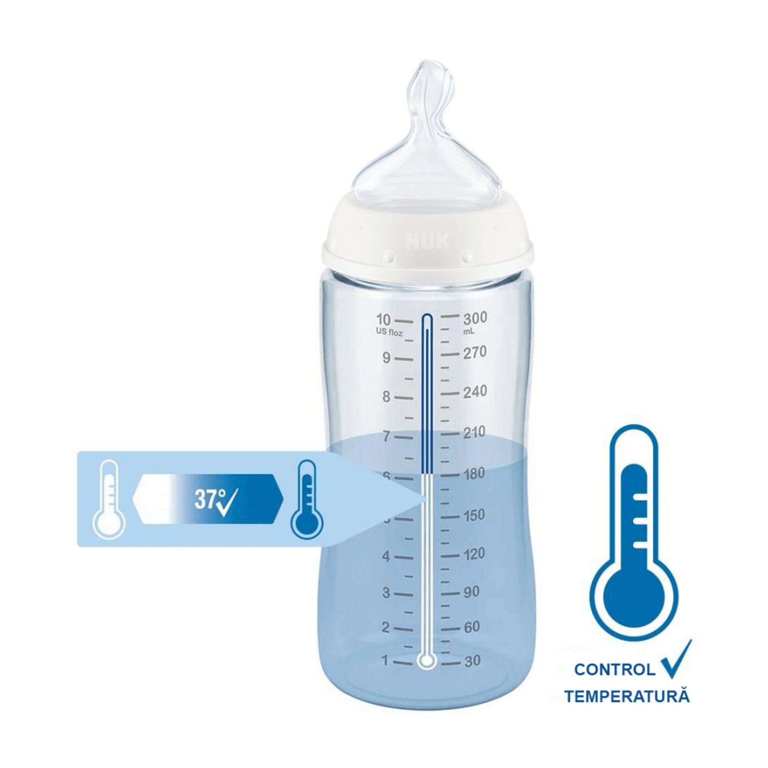 Biberon Nuk First Choice PP 300 ml Control Temperatura Tetina Silicon M 0-6 luni Albastru fotografia produsului