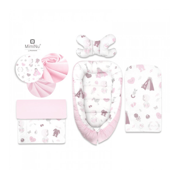 MimiNu - Set 4 in 1 Cosulet bebelus Baby Cocoon 90x50 cm, 1 perna, 1 paturica si o saltea cu doua fete, Baby Shower Pink