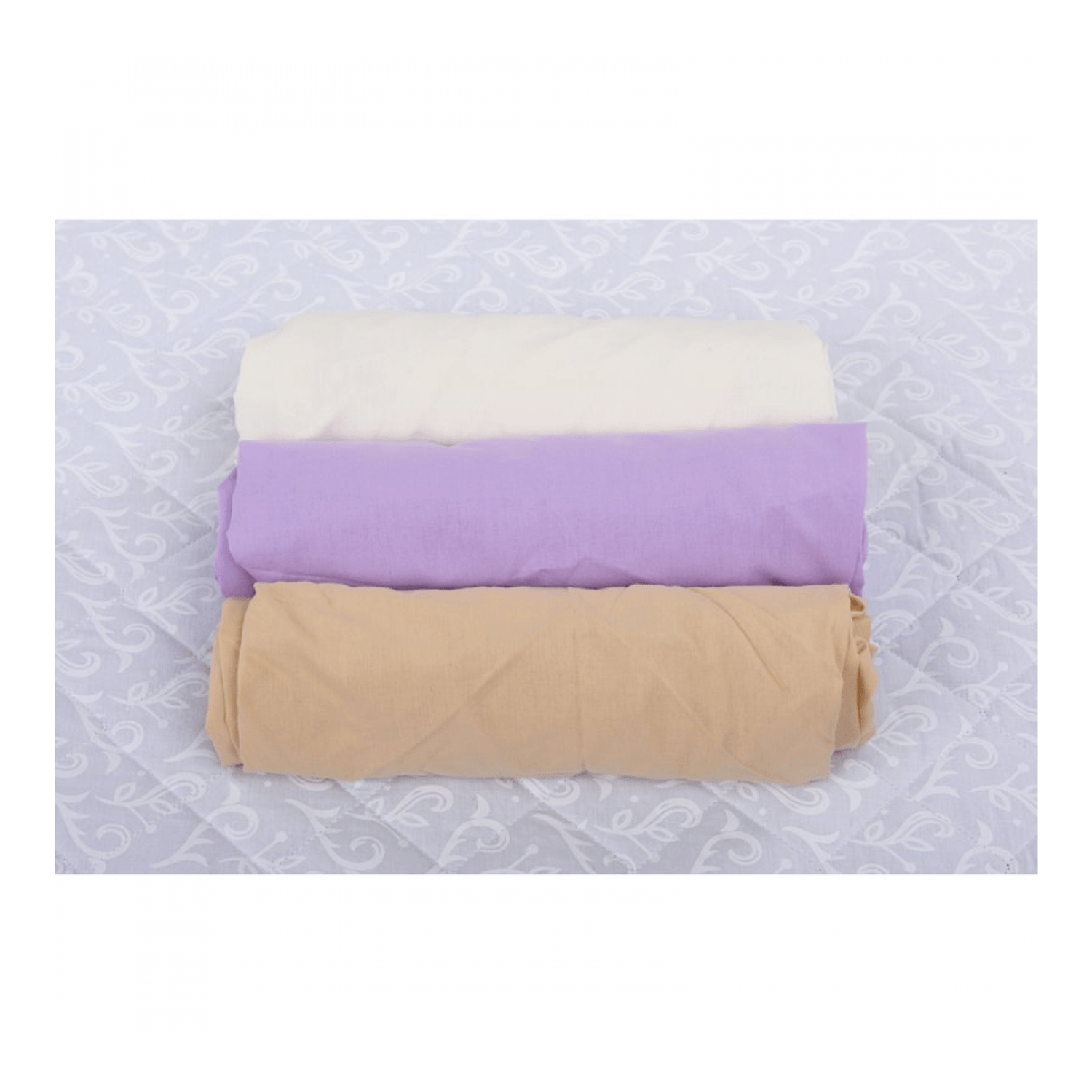 BabyNeeds - Set 3 cearceafuri cu elastic 120x60 cm, Alb+Lila+Cappuccino fotografia produsului