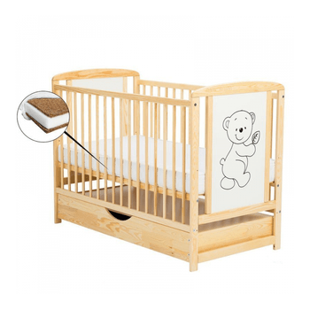 BabyNeeds - Patut din lemn Timmi 120x60 cm, cu sertar, Natur + Saltea 8 cm