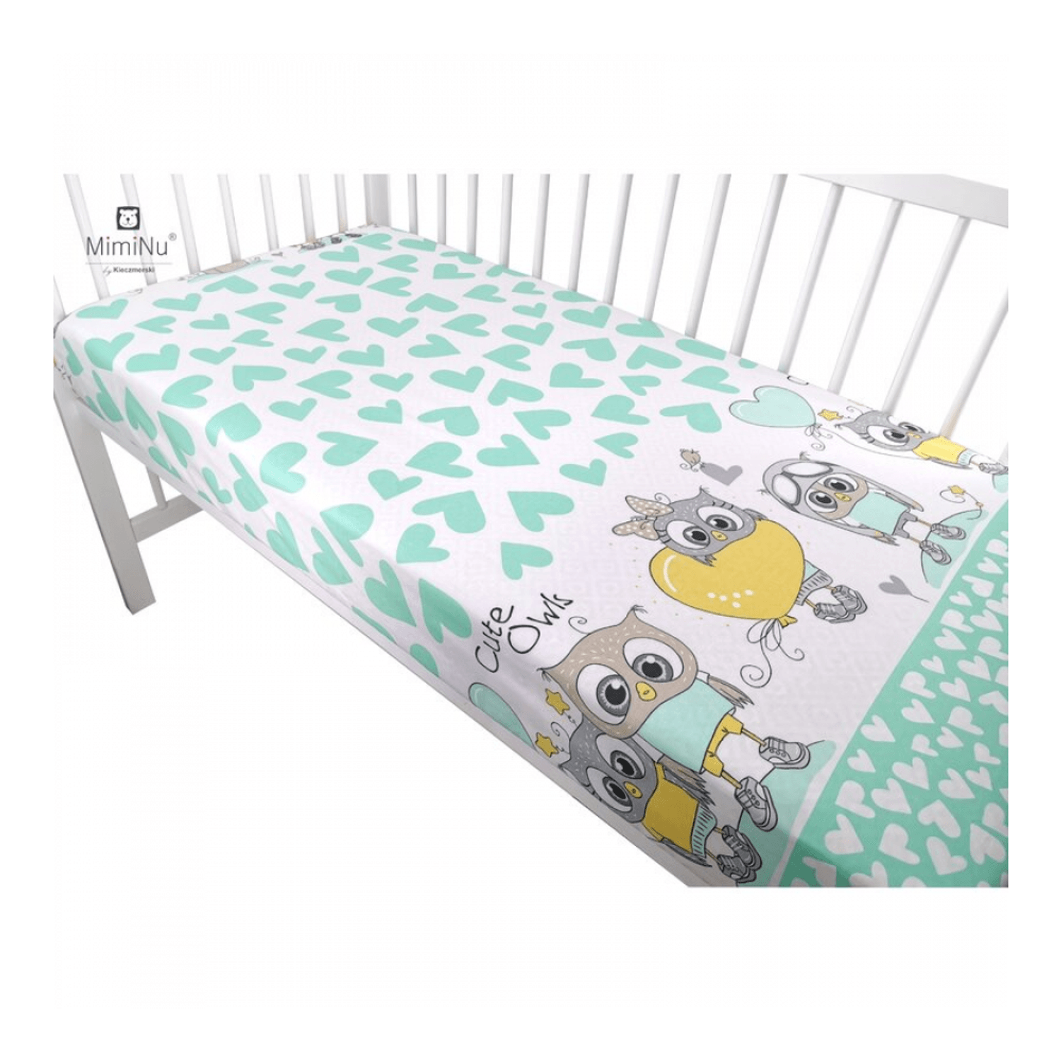 MimiNu - Cearceaf cu elastic, 120X60 cm, Cute owls Mint fotografia produsului