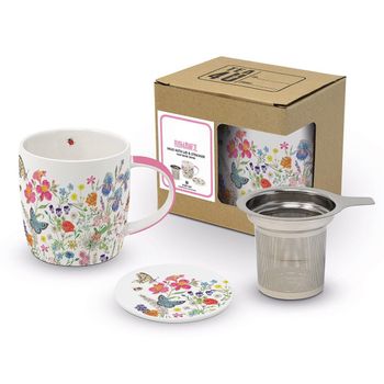 Set cana cu capac si strecuratoare, flori si fluturi