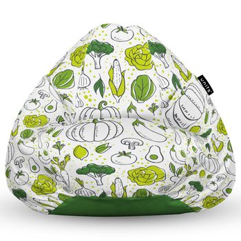 Fotoliu units puf (bean bag) tip para, impermeabil, cu maner, 80 x 90 x 68 cm, alb cu legume verzi