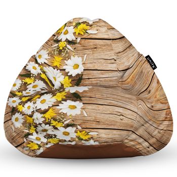 Fotoliu units puf (bean bag) tip para, impermeabil, cu maner, 80 x 90 x 68 cm, lemn maro cu flori albe si galbene
