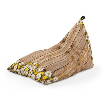 Fotoliu units puf (bean bag) tip lounge, impermeabil, cu maner, 155 x 83 x 65 cm, lemn maro cu flori albe si galbene
