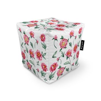 Fotoliu units puf (bean bag) tip cub, impermeabil, alb cu flori rosii