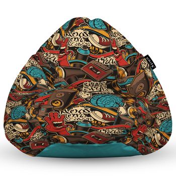 Fotoliu units puf (bean bag) tip para, impermeabil, cu maner, 80 x 90 x 68 cm, graffiti retro maro