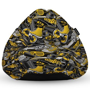 Fotoliu units puf (bean bag) tip para, impermeabil, cu maner, 80 x 90 x 68 cm, graffiti retro negru si galben