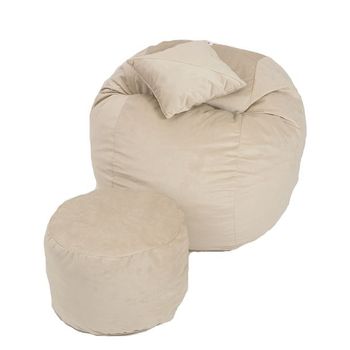 Set fotoliu puf pentru copii (5-16 ani) matusalem + otoman + perna decorativa -beige cu fulgi de burete memory mix