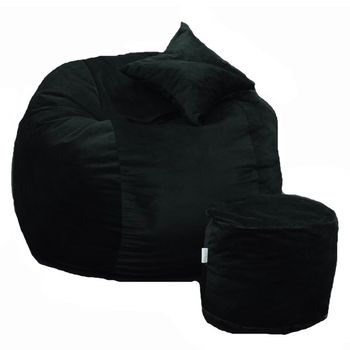 Fotoliu king size xl cu otoman si perna decorativa, black velvet gama plush honey umplut cu fulgi de burete memory mix