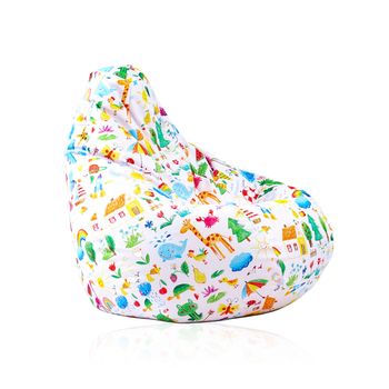 Fotoliu puf tip sac nirvana hobbit,o lume colorata,imprimat,pretabil si la exterior,umplut cu perle polistiren