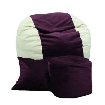 Set fotoliu puf pentru copii matusalem + otoman + perna decorativa - beige & amethyst cu fulgi de burete memory mix