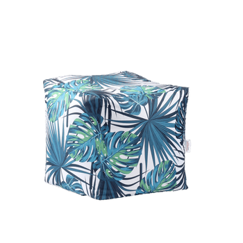 Fotoliu taburet cub xl, frunze tropicale, mare, imprimat, pretabil si la exterior, umplut cu perle polistiren