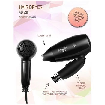 Mini uscator de par pentru calatorii cu concentrator si maner pliabil adler ad2251, putere 1400w, 2 viteze, 2 trepte temperatura, negru