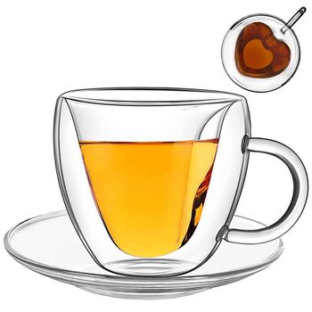 Set cana si farfurioara, quasar & co., cana 250 ml cu pereti dubli, interior forma inima, farfurioara 10.5 cm, termorezistenta, transparent