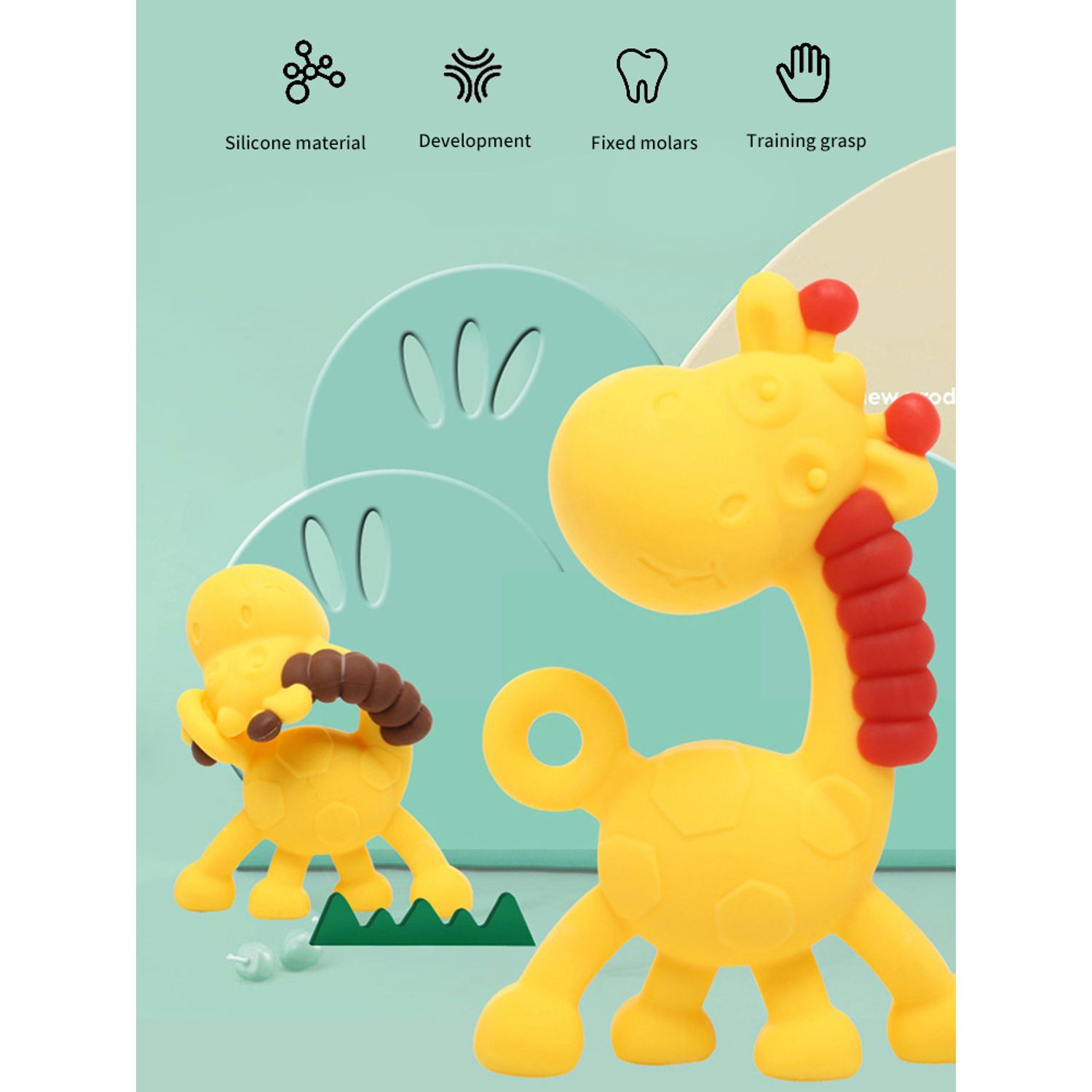 Jucarie dentitie bebelusi in forma de girafa, aplicator gel gingival dentitie, 9 cm, galben/rosu fotografia produsului View 4 L