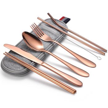 Set tacamuri inox, quasar & co., pentru birou, calatorii, camping, 7 piese in husa depozitare, 24 x 7 cm, rose gold