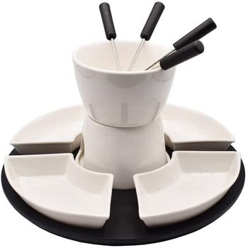 Set fondue 11 piese, Quasar & Co., pentru 4 persoane, ceramica/mdf, d 10 cm, h 12.5 cm, bej/negru elefant.ro imagine noua 2022