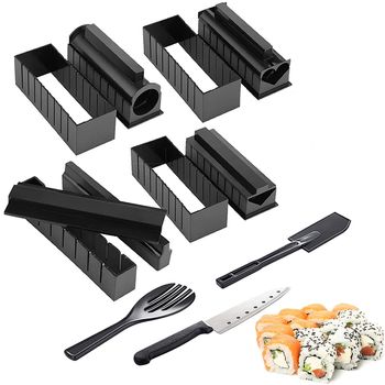 Set preparare sushi 11 piese, quasar & co., 2 spatule, 8 forme diferite si cutit , plastic, negru