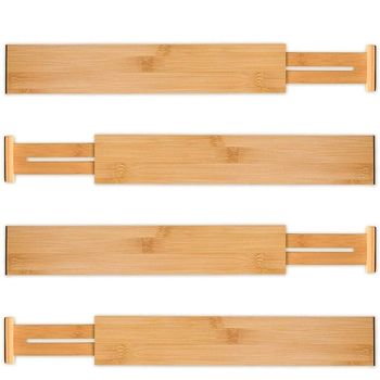 Set 4 organizatoare reglabile pentru sertar, quasar & co., pentru baie/bucatarie/dormitor, sistem antialunecare, bambus, 45-57 x 1.5 x 6.5 cm, natur