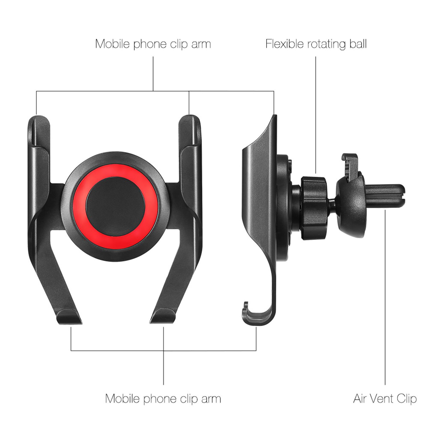 Suport telefon auto cu sistem de prindere pe ventilatie, 360 de grade, Negru/Rosu fotografia produsului View 8 L