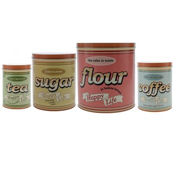 Set 4 cutii metalice cu capac, happy life, rotunde, cu inchidere ermetica, 4 l, 2 l, 1 l, 400 ml, multicolor