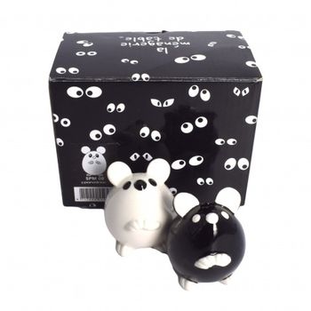 Set solnita si pipernita, parastone, alb si negru, din ceramica, forma soricel