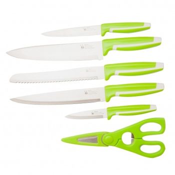 Set 5 cutite inox antibacteriene si foarfeca bucatarie renberg, verde deschis