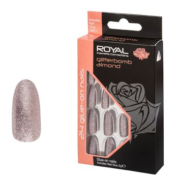 Set 24 Unghii False ROYAL Glue-On Nail Tips, Glitter Bomb Almond, Adeziv Inclus 3 g elefant.ro