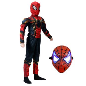 Set costum iron spiderman cu muschi si masca led pentru baieti