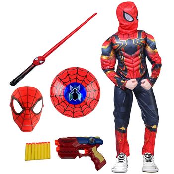 Set costum iron spiderman si arme cu sunete si lumini pentru baieti