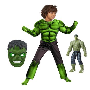 Set costum hulk clasic cu muschi si figurina cu sunete, pentru baieti
