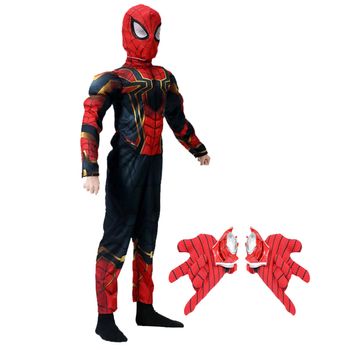 Set costum iron spiderman cu muschi si manusi cu lansator, pentru baieti