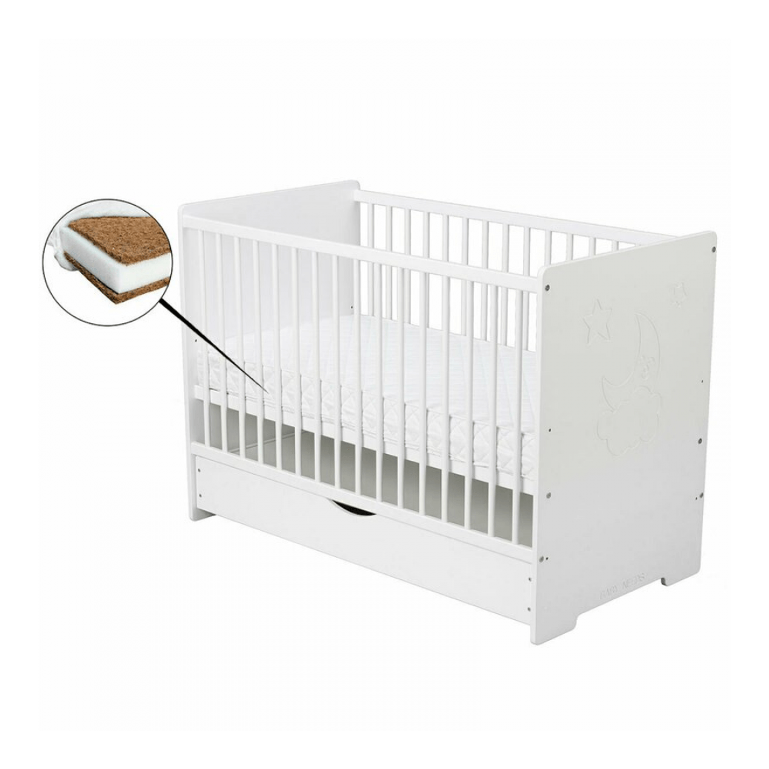 BabyNeeds - Patut din lemn Skandy Moon 120x60 cm, cu sertar, Alb + Saltea 10 cm fotografia produsului
