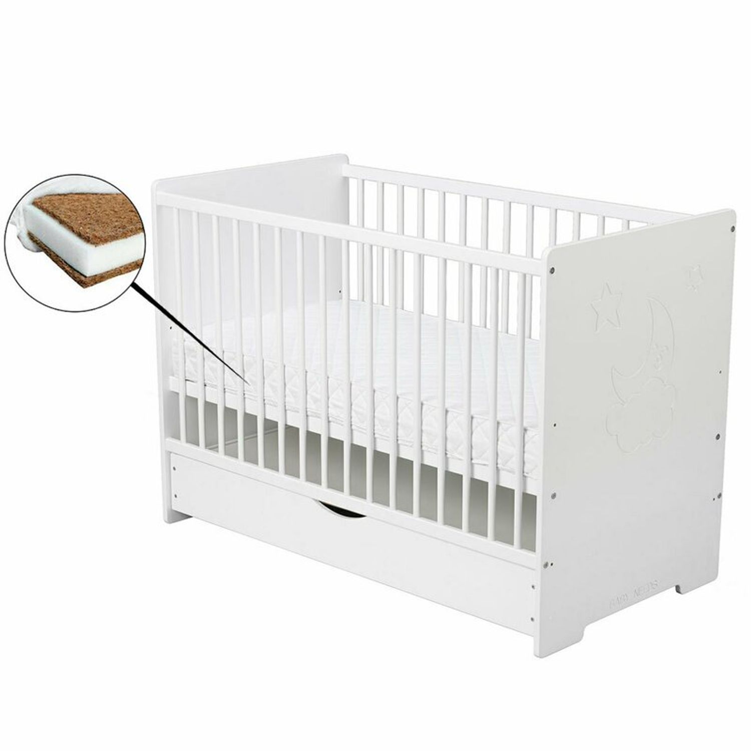 BabyNeeds - Patut din lemn Skandy Moon 120x60 cm, cu sertar, Alb + Saltea 10 cm fotografia produsului View 2 L