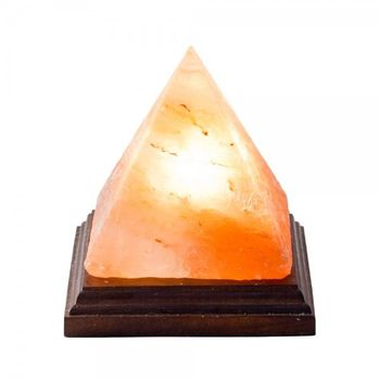 Lampa de sare himalaya piramida pe suport de lemn