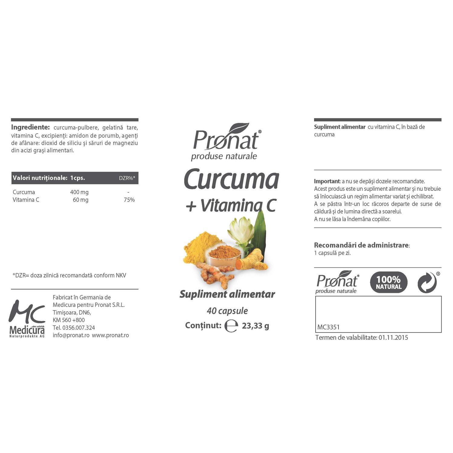 Curcuma plus Vitamina C 40 de capsule fotografia produsului View 2 L