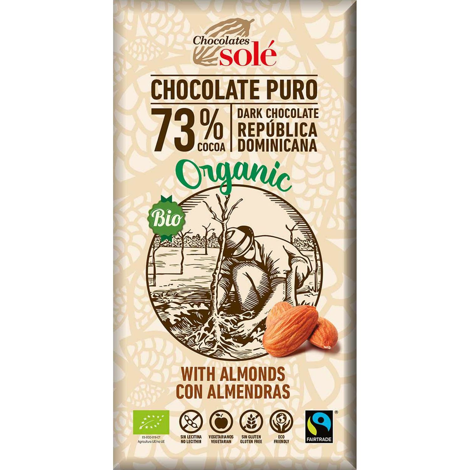 Ciocolata neagra Bio 73% cacao, cu migdale, 150 gr Chocolates sole fotografia produsului