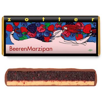 Ciocolata Bio cu lapte umpluta cu crema de marzipan cu fructe de padure si nuga cu migdale, 70 g Zotter