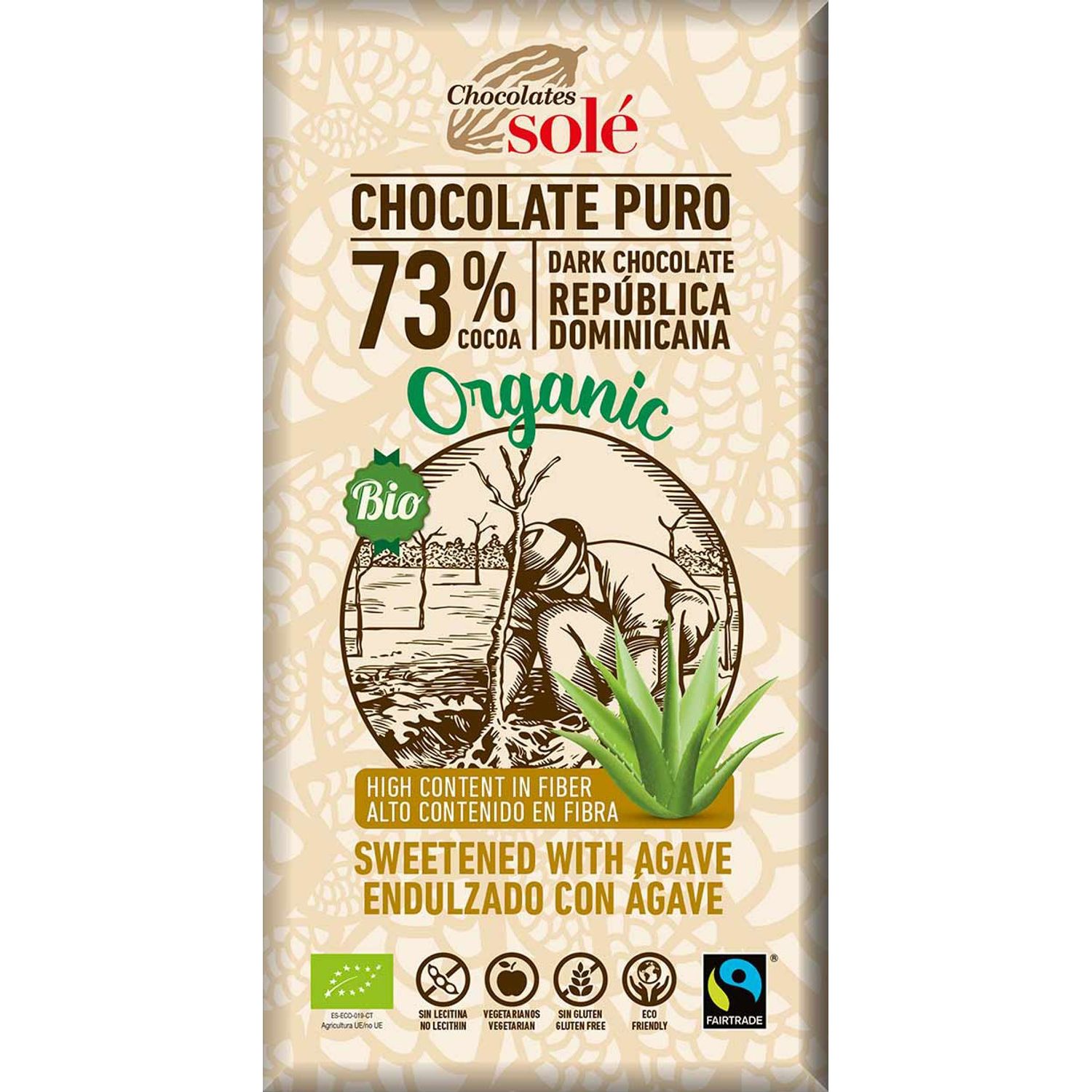 Ciocolata neagra Bio cu sirop de agave, 73% cacao, 100 g Chocolates sole fotografia produsului