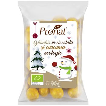 Ghimbir glazurat in ciocolata alba cu turmeric/curcuma, bio, 80g