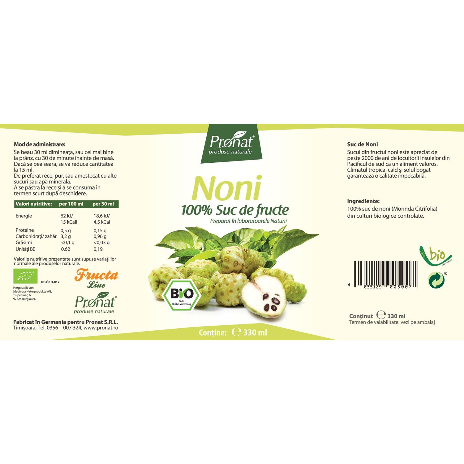 Suc de noni 100%, Bio, 330 ml Medicura fotografia produsului View 2 L